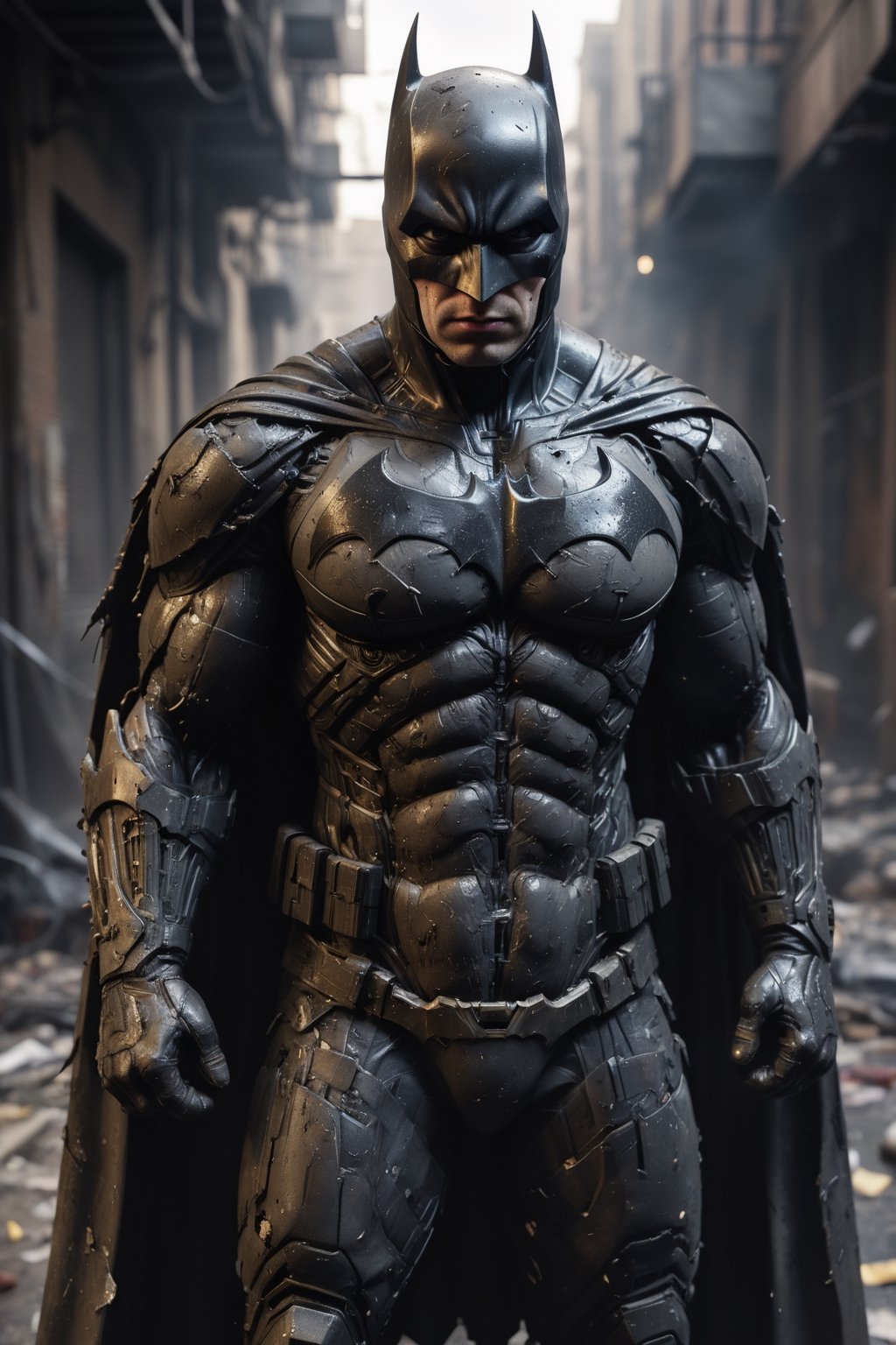 A hyper-realistic, detailed, and cinematic rendering of Batman from DC Comics. He is wearing his battle-damaged Batsuit, which has exposed wiring, circuitry, a shredded cape and cowl, tattered armor plating, and a scuffed and cracked helmet. He is kneeling on one knee, surrounded by defeated enemies, with smoke and debris billowing around him. The background is a dark alleyway, symbolizing the dangerous world he inhabits. Batman's indomitable spirit is shining through his injuries. The lighting is dramatic and cinematic, with strong shadows and highlights that accentuate the details of his costume and injuries. The render is ultra-realistic and of high quality, with sharp details and textures, photorealistic skin and hair, and a cinematic atmosphere.

