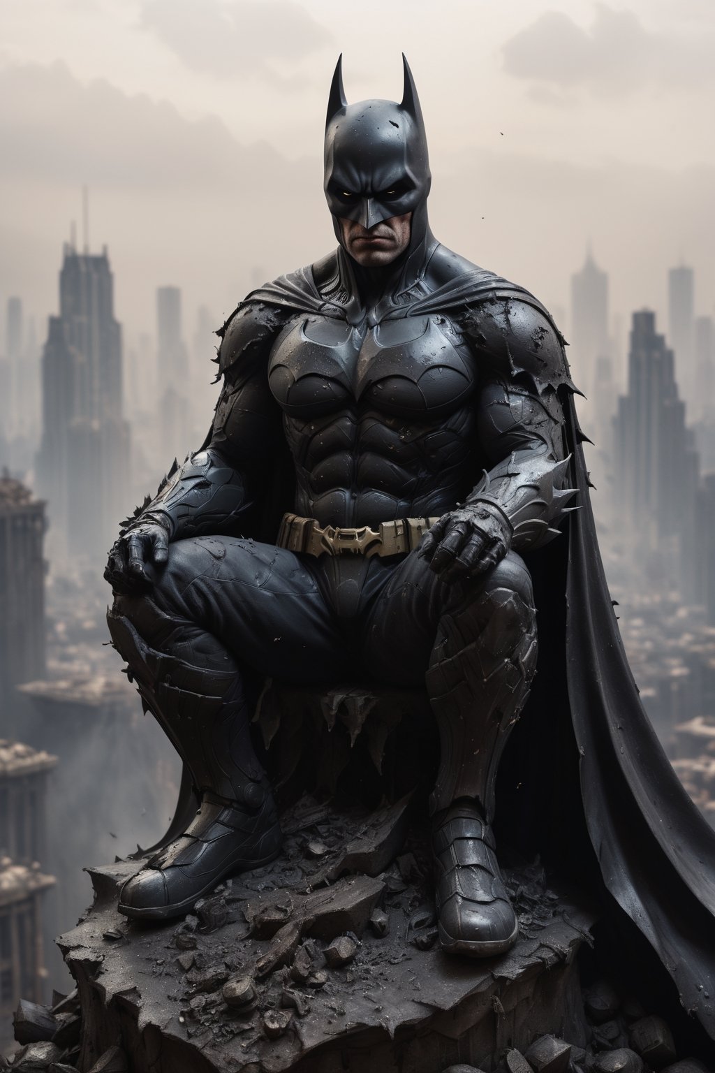 A hyper-realistic, detailed, and cinematic rendering of Batman sitting on a mountain of skulls. He is wearing his battle-damaged Batsuit, which has scratches, tears, and bloodstains, a shredded cape and cowl, tattered armor plating, and a scuffed and cracked helmet. He is surrounded by smoke and debris. The background is a dark cityscape, symbolizing the dangerous world he inhabits. Batman's silhouette is imposing and powerful. The lighting is dramatic and cinematic, with strong shadows and highlights that accentuate the details of his costume and the skulls. The render is ultra-realistic and of high quality, with sharp details and textures, photorealistic skin and hair, and a cinematic atmosphere.