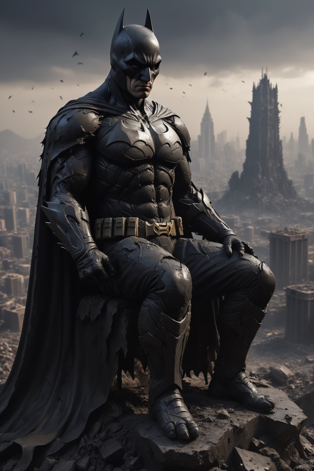 A hyper-realistic, detailed, and cinematic rendering of Batman sitting on a mountain of skulls. He is wearing his battle-damaged Batsuit, which has scratches, tears, and bloodstains, a shredded cape and cowl, tattered armor plating, and a scuffed and cracked helmet. He is surrounded by smoke and debris. The background is a dark cityscape, symbolizing the dangerous world he inhabits. Batman's silhouette is imposing and powerful. The lighting is dramatic and cinematic, with strong shadows and highlights that accentuate the details of his costume and the skulls. The render is ultra-realistic and of high quality, with sharp details and textures, photorealistic skin and hair, and a cinematic atmosphere.