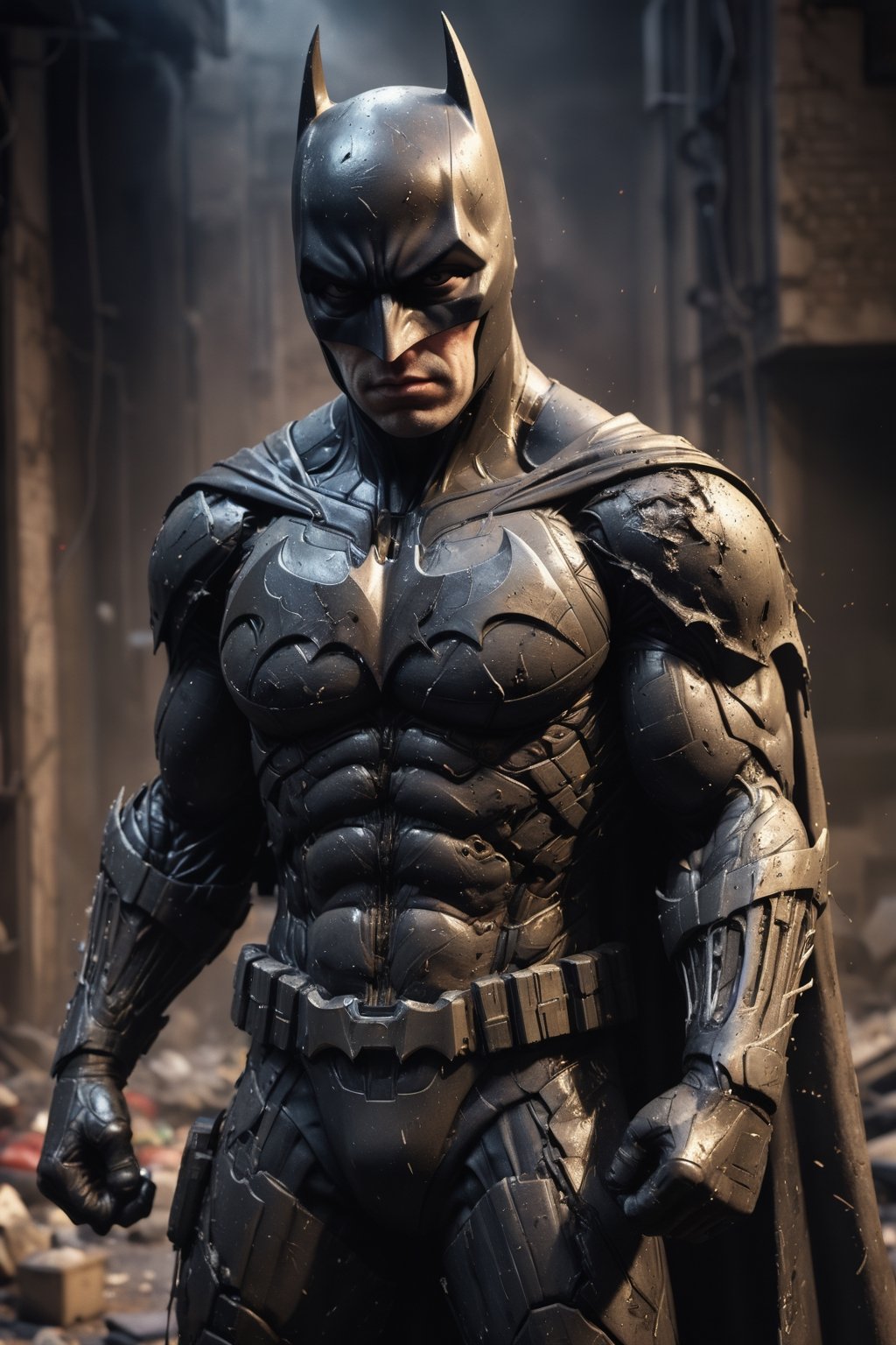 A hyper-realistic, detailed, and cinematic rendering of Batman from DC Comics. He is wearing his battle-damaged Batsuit, which has exposed wiring, circuitry, a shredded cape and cowl, tattered armor plating, and a scuffed and cracked helmet. He is kneeling on one knee, surrounded by defeated enemies, with smoke and debris billowing around him. The background is a dark alleyway, symbolizing the dangerous world he inhabits. Batman's indomitable spirit is shining through his injuries. The lighting is dramatic and cinematic, with strong shadows and highlights that accentuate the details of his costume and injuries. The render is ultra-realistic and of high quality, with sharp details and textures, photorealistic skin and hair, and a cinematic atmosphere.

