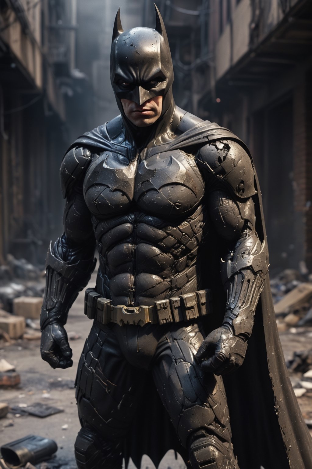 A hyper-realistic, detailed, and cinematic rendering of Batman from DC Comics. He is wearing his battle-damaged Batsuit, which has exposed wiring, circuitry, a shredded cape and cowl, tattered armor plating, and a scuffed and cracked helmet. He is kneeling on one knee, surrounded by defeated enemies, with smoke and debris billowing around him. The background is a dark alleyway, symbolizing the dangerous world he inhabits. Batman's indomitable spirit is shining through his injuries. The lighting is dramatic and cinematic, with strong shadows and highlights that accentuate the details of his costume and injuries. The render is ultra-realistic and of high quality, with sharp details and textures, photorealistic skin and hair, and a cinematic atmosphere.

