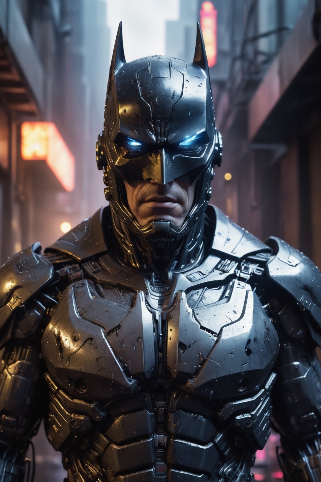 A hyper-realistic, detailed, and cinematic rendering of Terminator Batman from DC Comics. He is wearing his battle-damaged Batsuit, which has exposed cybernetic enhancements, glowing circuitry, a shredded cape and cowl with integrated HUD display, tattered armor plating with hydraulic pistons and servos, and a scuffed and cracked helmet with integrated targeting system. He is standing in a rain-soaked alleyway, surrounded by defeated enemies, with smoke and neon lights reflecting off his armor. The background is a futuristic cityscape, symbolizing the dystopian world he inhabits. Batman's menacing aura is radiating around him. The lighting is dramatic and cinematic, with strong shadows and highlights that accentuate the details of his costume and cybernetic enhancements. The render is ultra-realistic and of high quality, with sharp details and textures, photorealistic skin and hair, and a cinematic atmosphere.

