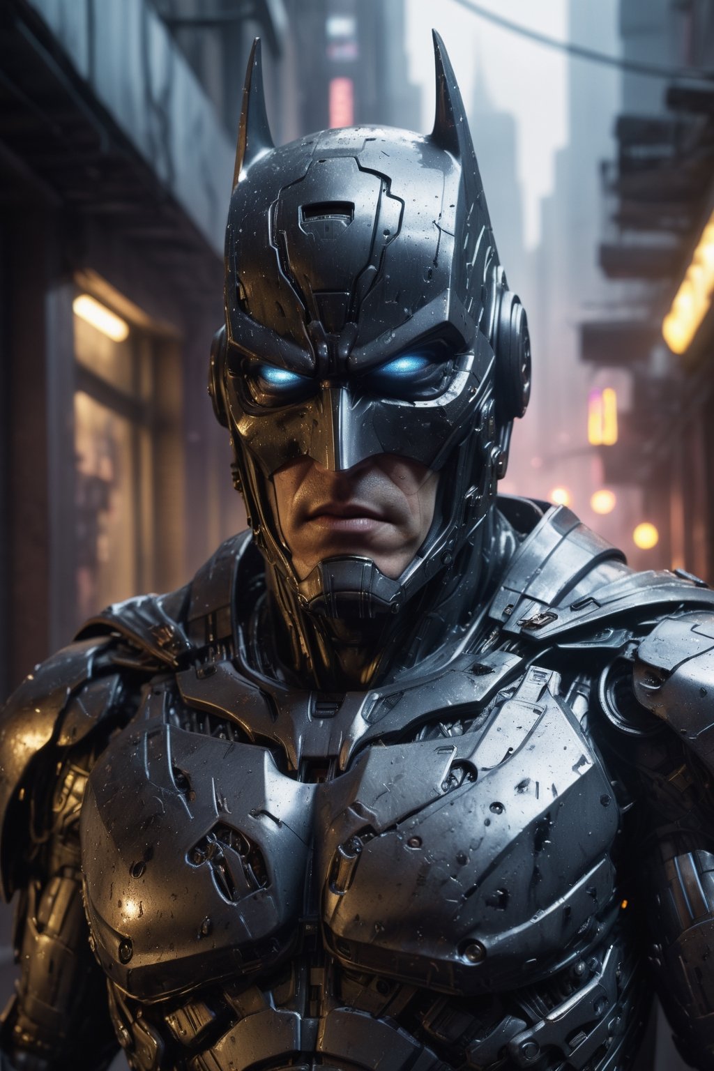 A hyper-realistic, detailed, and cinematic rendering of Terminator Batman from DC Comics. He is wearing his battle-damaged Batsuit, which has exposed cybernetic enhancements, glowing circuitry, a shredded cape and cowl with integrated HUD display, tattered armor plating with hydraulic pistons and servos, and a scuffed and cracked helmet with integrated targeting system. He is standing in a rain-soaked alleyway, surrounded by defeated enemies, with smoke and neon lights reflecting off his armor. The background is a futuristic cityscape, symbolizing the dystopian world he inhabits. Batman's menacing aura is radiating around him. The lighting is dramatic and cinematic, with strong shadows and highlights that accentuate the details of his costume and cybernetic enhancements. The render is ultra-realistic and of high quality, with sharp details and textures, photorealistic skin and hair, and a cinematic atmosphere.

