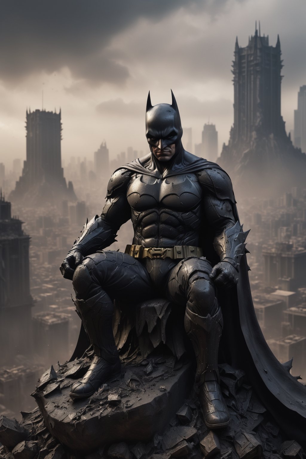 A hyper-realistic, detailed, and cinematic rendering of Batman sitting on a mountain of skulls. He is wearing his battle-damaged Batsuit, which has scratches, tears, and bloodstains, a shredded cape and cowl, tattered armor plating, and a scuffed and cracked helmet. He is surrounded by smoke and debris. The background is a dark cityscape, symbolizing the dangerous world he inhabits. Batman's silhouette is imposing and powerful. The lighting is dramatic and cinematic, with strong shadows and highlights that accentuate the details of his costume and the skulls. The render is ultra-realistic and of high quality, with sharp details and textures, photorealistic skin and hair, and a cinematic atmosphere.