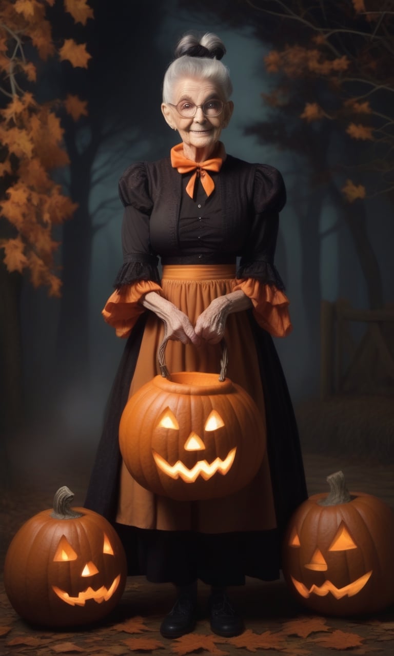 Jack of lantern, hair bun, 80 year old witch