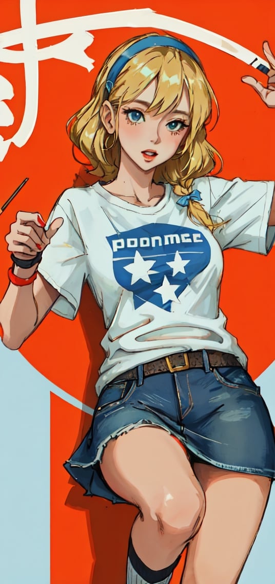 Portrait of woman with blonde hair with hair band wearing white and light blue t-shirt and denim skirt and converse, sexy pose 