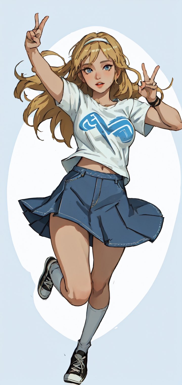 Detailed portrait of woman with medium long blonde hair and hair band wearing tight white and light blue t-shirt and denim skirt and converse,body pose,white background,full body