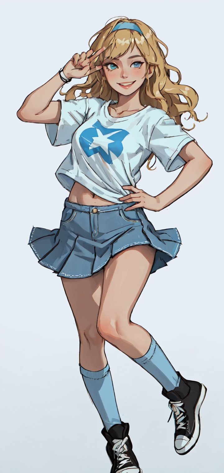 Detailed portrait of woman with wavy blonde hair and hair band wearing tight white and light blue t-shirt and denim skirt and converse,smirking,body pose,white background,full body