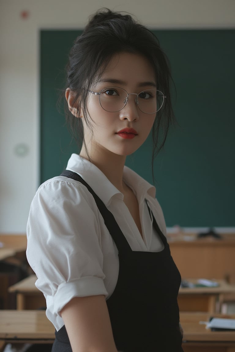 raw photo, photography, 35 mm, cowboy shot, straight and front view of a woman, 20 years old, young and hot body, smooth skin, beautiful curve of woman body, elegant outfit, glasses, hair bun, black hair, blackboard classroom background, natural light, upper body,PTAIAsianBeauty,Ahri