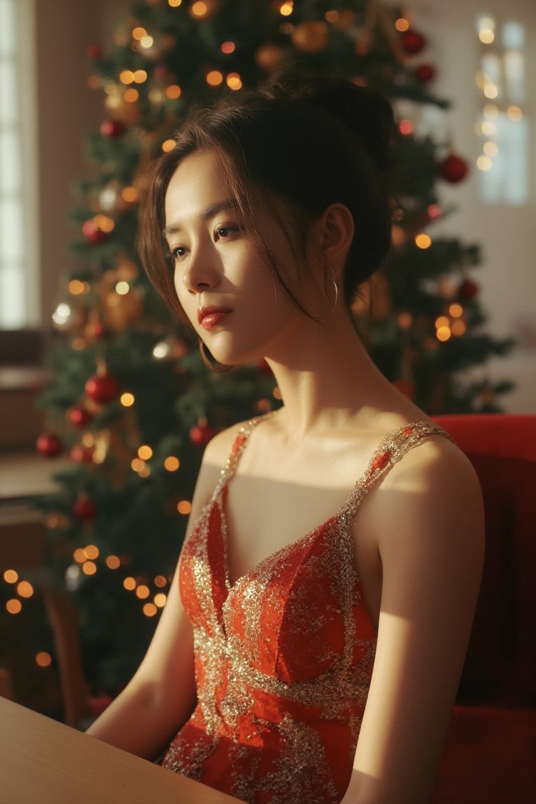 raw photo, photography, 35 mm, cowboy shot, straight and front view of a woman, 20 years old, young and hot body, ptaiasianbeauty
(2 strings sleep dress:1.2), smooth skin, sit, christmas cafe, nice decoration, bokeh, elegant coffee shop, chair and table, sun ray, window, soft shadow