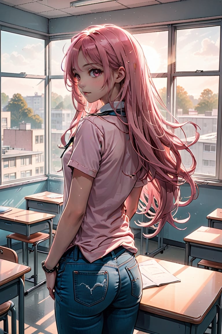 Slim teen girl, on the classroom, view from behind, she is looking back, sun light through window, romantic scene, pink hue, long floating hair, jeans, 2 strings shirt.
,BWcomic