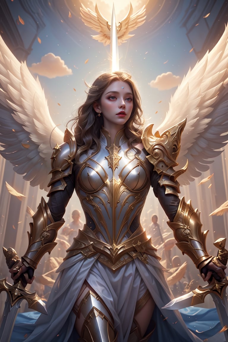 angel, wings, sword, divine, royal armor, surreal, hair floating