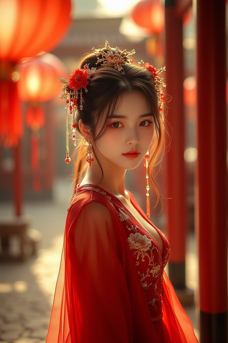 1 girl, (photorealistic:1.2), red dress in the chinese festival street with lantern and decoration temple, ribbons, silk curtain, cinematic,Eroflo.
(upper body), (portrait), 50mm, f/8, cinestill 800T