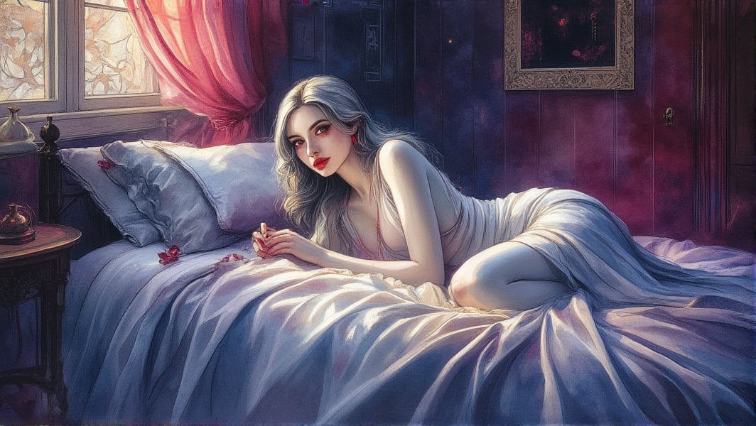 Watercolor, In the style of Art Nouveau. A woman lie on bed, coil her body with a dagger, she has glowing red eyes and looking at viewer, the blanket cover her smooth and white pale skin, she has long fang of the vampire and silver long hair, the light from window make a light line on her bed, lowkey room, volumetric light, mysterious,