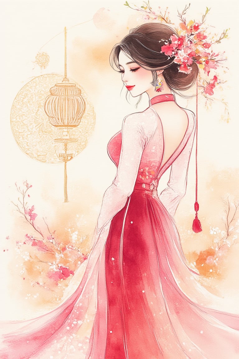 Watercolor, a woman in vietnamese aodai, backless outfit, artistic pose, flowers, fading, round circle with intricate decoration pattern on background, lantern, moon, cloud