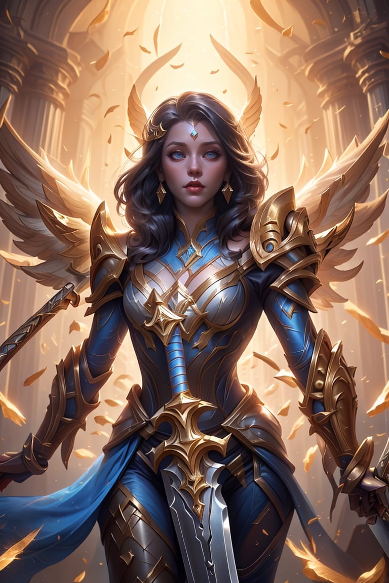 Kayle, league of legends artwork, angel, wings, sword, divine, royal armor, surreal, hair floating