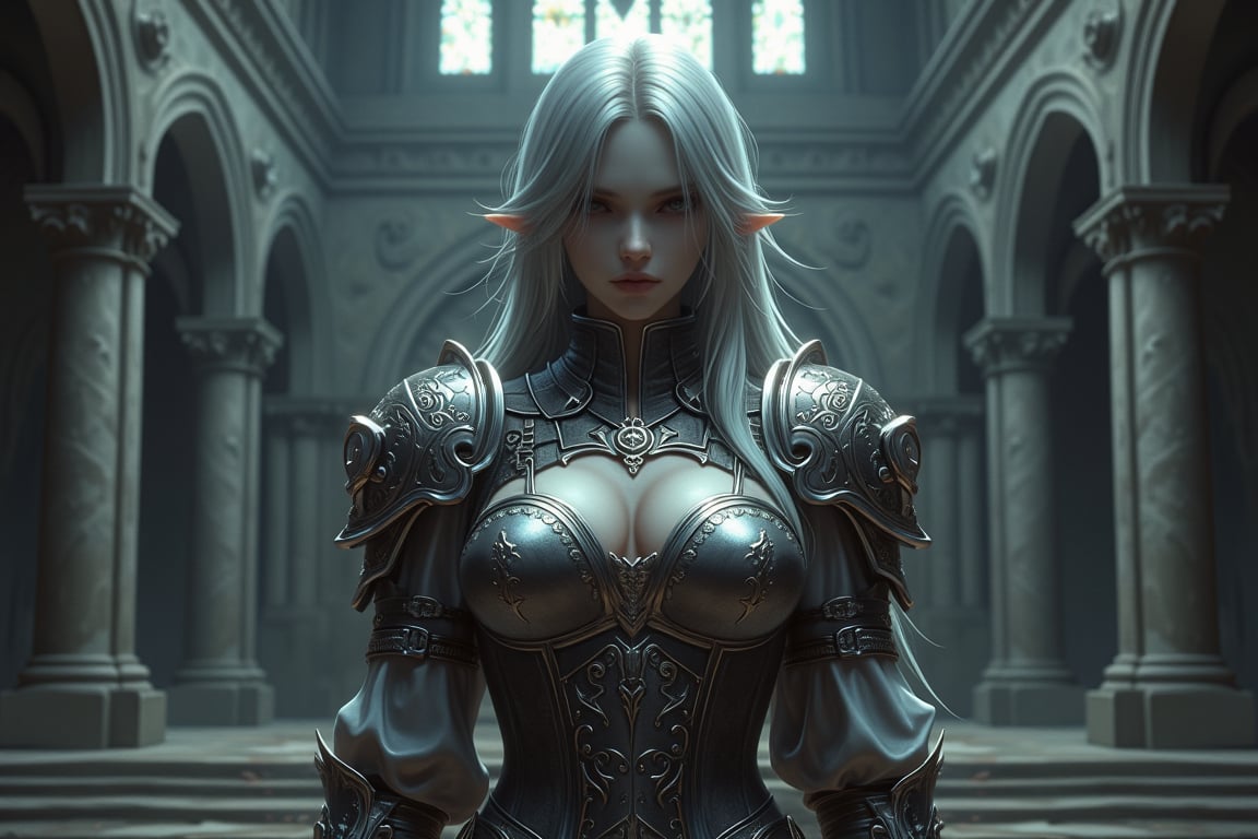 A woman, (fantasy art), (epic:1.3), hot body, sexy, chest plate, shoulder layer armor, straight silver hair, look at viewer, (holding a sword on her chest:1.3), choker, (collar bones:1.2), belly skin.
(Intricate armor:1.3), abandoned church background, gloomy, (cold color tone background:1.3), carving columns, arts on the wall