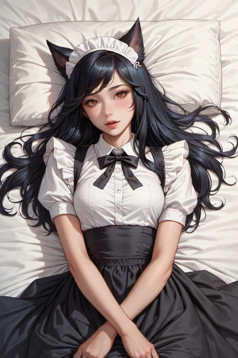 Score_9, Score_8, Score_7_up, Score_6_up, 
Ahri, black dress, white shirt, maid skirt, maid hat, cute face, innocent,
BWcomic, upper body, lie on bed, high angle