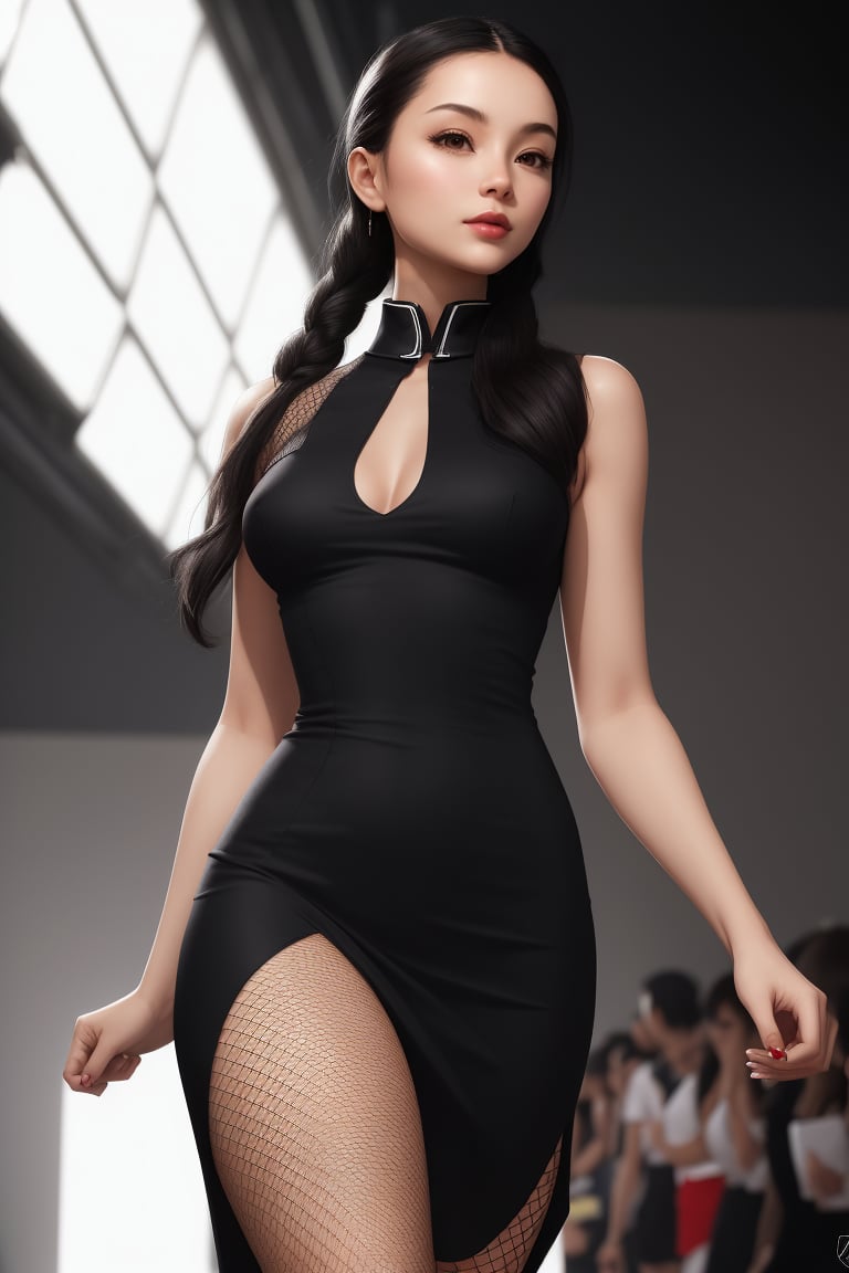 Score_9, score_8, score_7_up, score_6_up, Woman, Jinx, Jinxkaryln, masterpiece, best quality, highres, uhd, 8k, hyper realistic,
fashion model, body-con dress, fishnet stockings, posing, fashion photoshoot, sleeveless black dress, Chinese collar dress, backlighting, catwalk, long leg, thin leg, slim,
Noir comic
