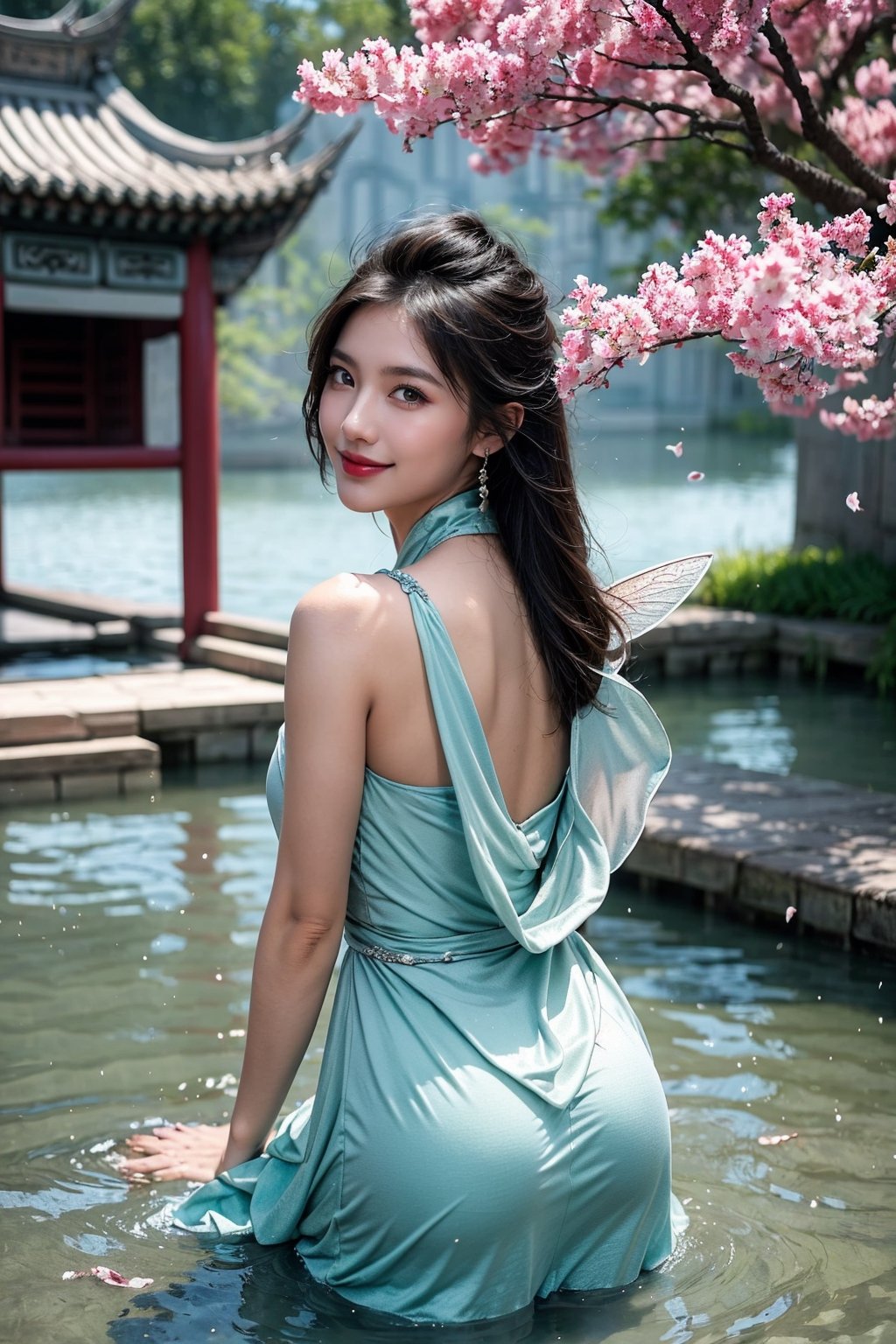 A young teen girl, fashionable dress, shimmering, fairy tail, view from behind, (she is looking back:1.2), (light smile:1.2), she is on the lake of the ancient chinese temple, rocks, blossom particles floating, reflective water, fantasy art.,CTCTL,BWcomic