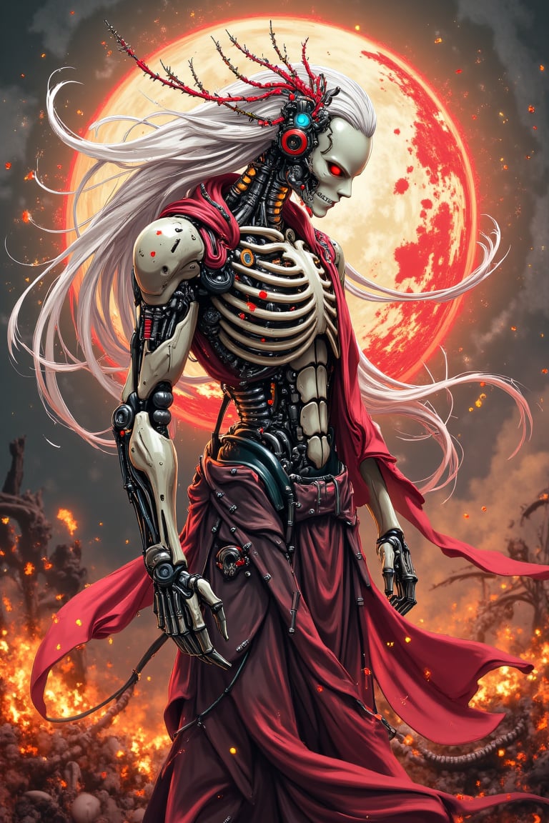 A cyborg in hanfu outfit, fire burning, larva scene background, skeleton, long silver floating hair, masterpiece, intricate.,PTAIPsyberpunk,PTAIHanfu