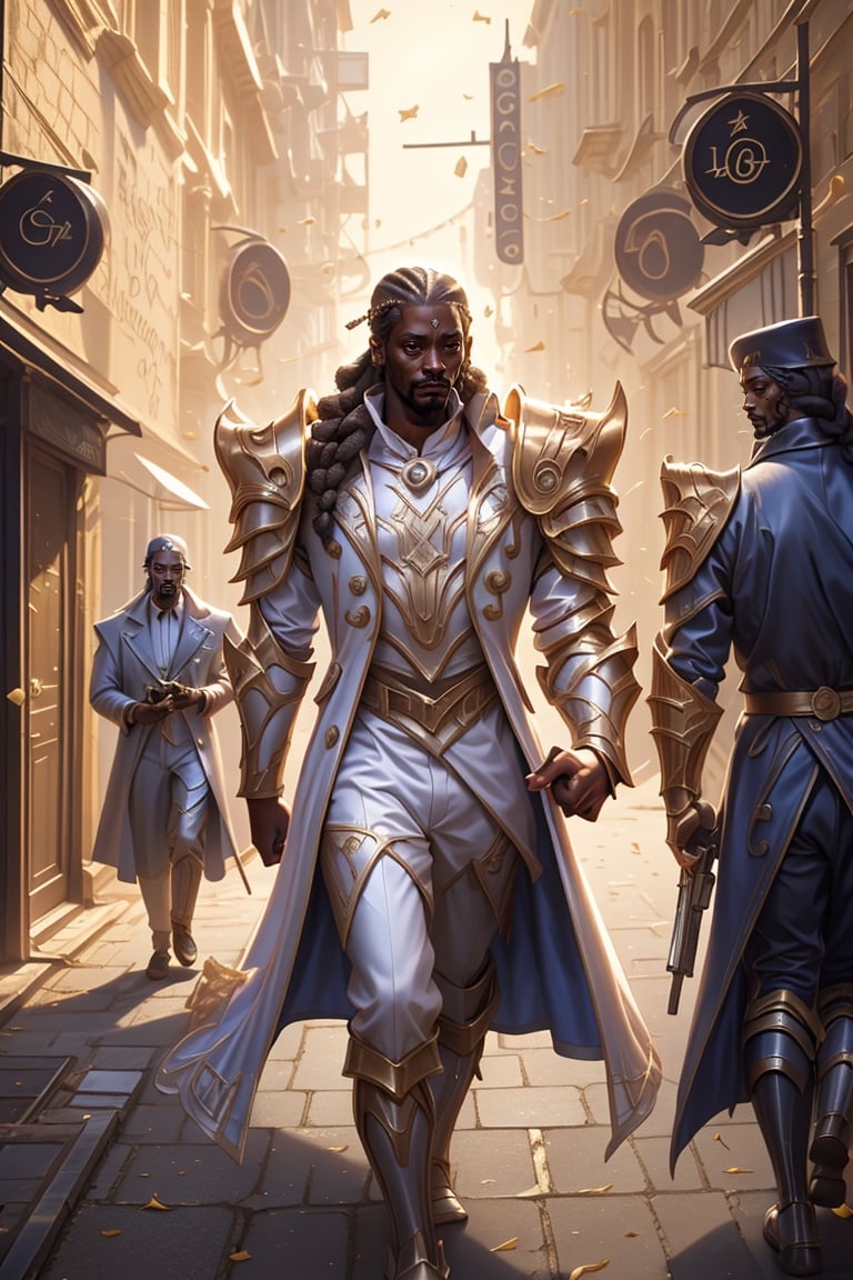 (photo realistic), Lucian, armor, royal long coat, dual pistol, walking on the dark old street of London, poker face, strong manm hiphop male braid hair, (snoop dog rapper)