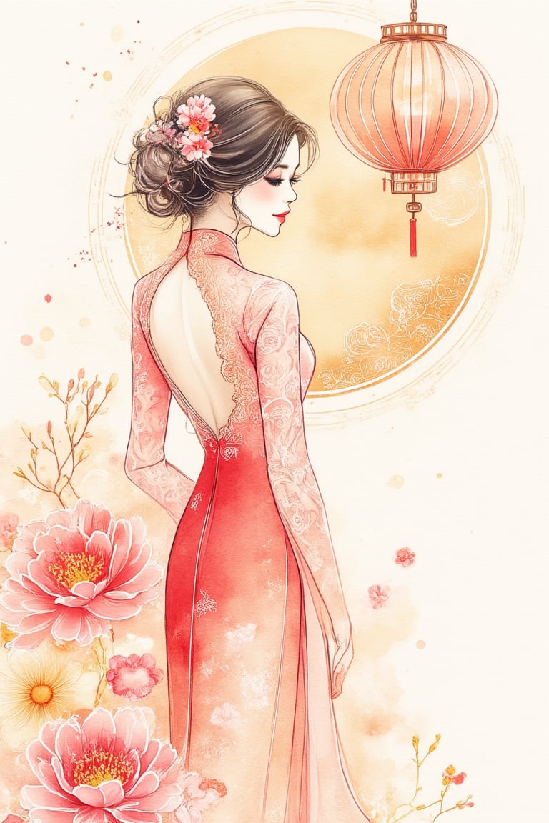 Watercolor, a woman in vietnamese aodai, backless outfit, artistic pose, flowers, fading, round circle with intricate decoration pattern on background, lantern, moon, cloud