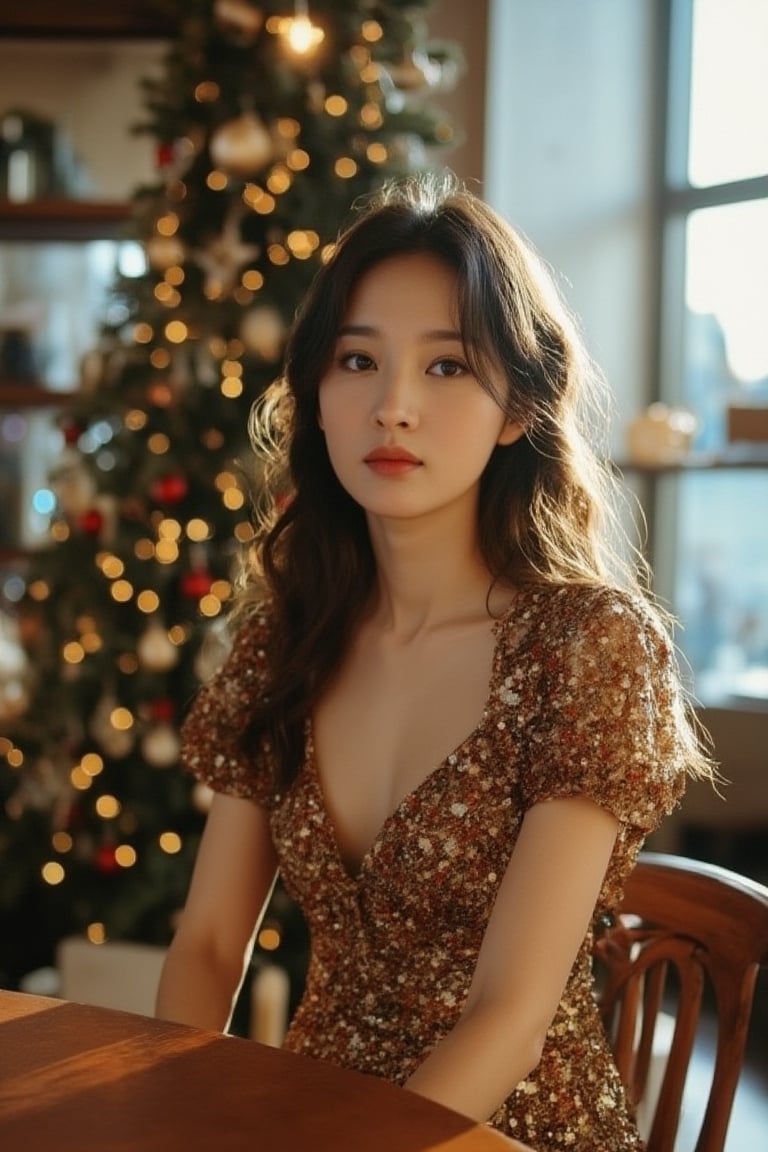 raw photo, photography, 35 mm, cowboy shot, straight and front view of a woman, 20 years old, young and hot body, ptaiasianbeauty
2 strings sleep dress, smooth skin, sit, christmas cafe, nice decoration, bokeh, elegant coffee shop, chair and table, sun ray, window, soft shadow