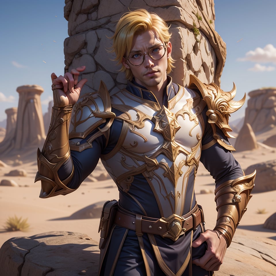 (masterpiece), (ultra detail), (intricate armor), sleague of legends, Ezreal, adventurer explorer costume, adventure glasses on head, short yellow hair, posing on the stone stack desert sanctuary background,3D MODEL