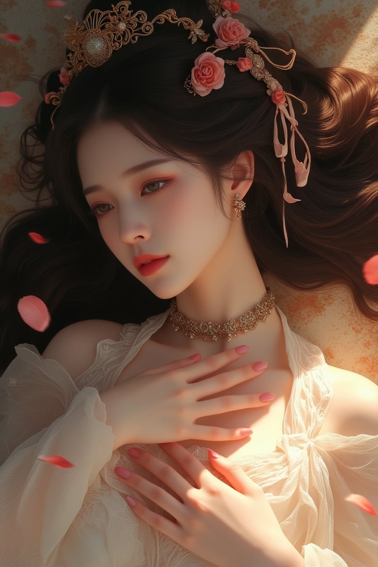 Photorealistic, cinematic, (side light:1.3), close up portrait, a woman, lie, (hand on chest:1.2), petals, rose decoration, whitw ren dress, veil, hair ornament, intricate carving jewelry, choker, ribbons, necklace, bracelet, jewelry headband, soft shadow,RHAngel,PTAIHanfu