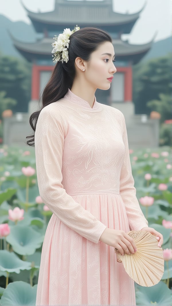 Raw photo, (full body portrait:1.3) of a Asian woman in a light pink silk dress, intricate pattern dress.She is holding a fan, artistic pose. The woman's hair is adorned with white flowers adding a touch of beauty to the scene. The background is natural with chinese temple and lotus lake, HKBT_CAKTT,HKBT_LGH