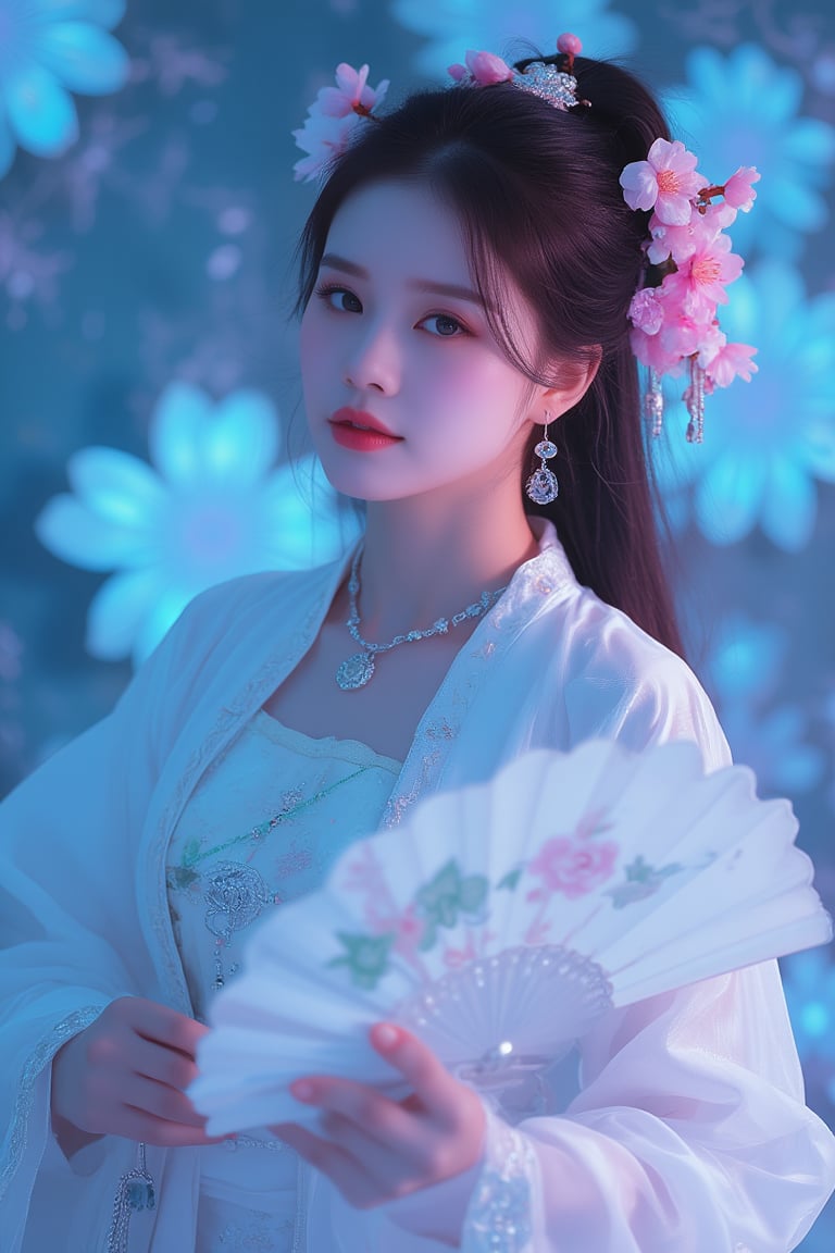 A close-up waist shot of a Asian woman in a white chinese clothes with a silver necklace and earrings. She is holding a white fan with Jade ornaments . The woman's hair is adorned with pink flowers adding a touch of beauty to the scene. creating a soft focus on the woman's face. neon lighting. (cover the background wall with light blue flowers:1.3), (looking at viewer, upper body),RHAngel