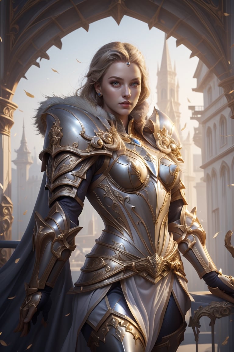 1 girl, (female genaral), epic posing on the top of the buildding balcony stage, straight view, fur trim, cape, gray iron wall. (royal armor:1.4)