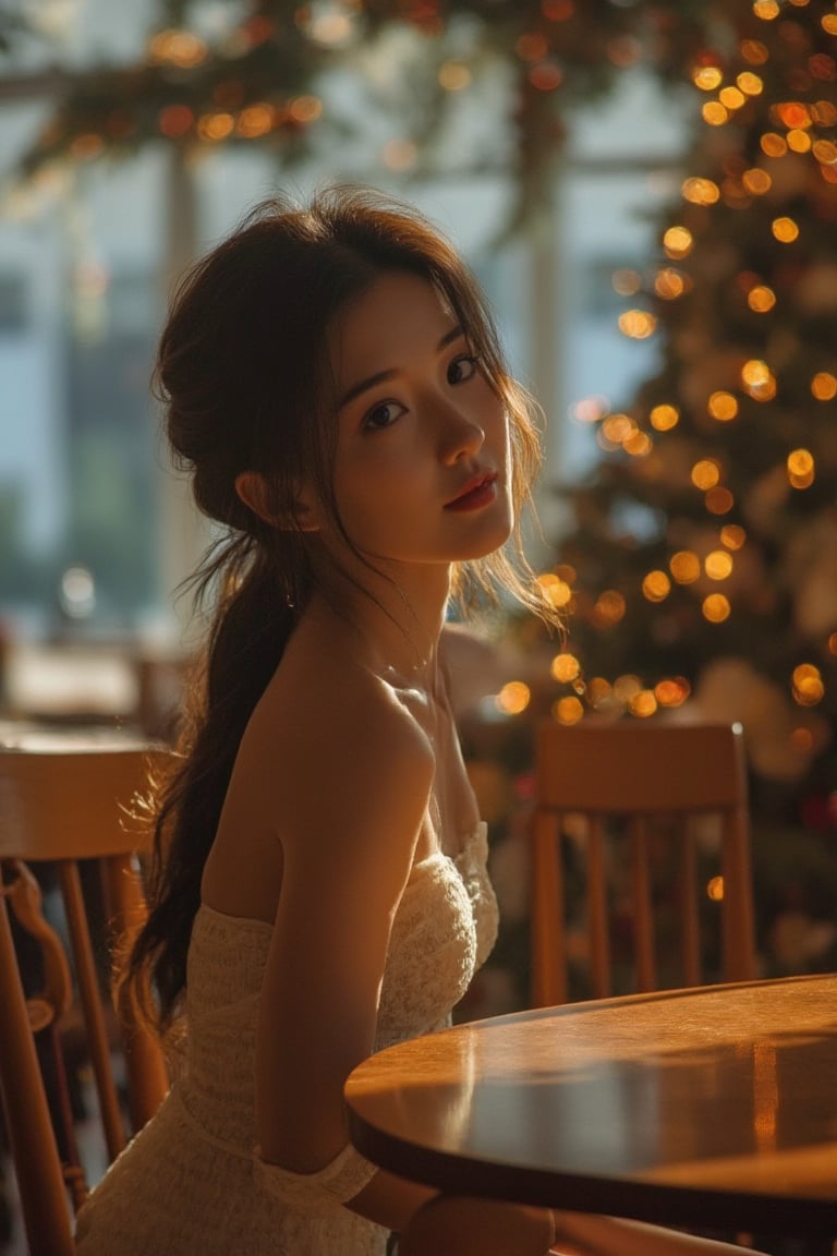 raw photo, photography, 35 mm, cowboy shot, straight and front view of a woman, 20 years old, young and hot body, ptaiasianbeauty
2 strings sleep dress, smooth skin, sit, christmas cafe, nice decoration, bokeh, elegant coffee shop, chair and table, sun ray, window, soft shadow