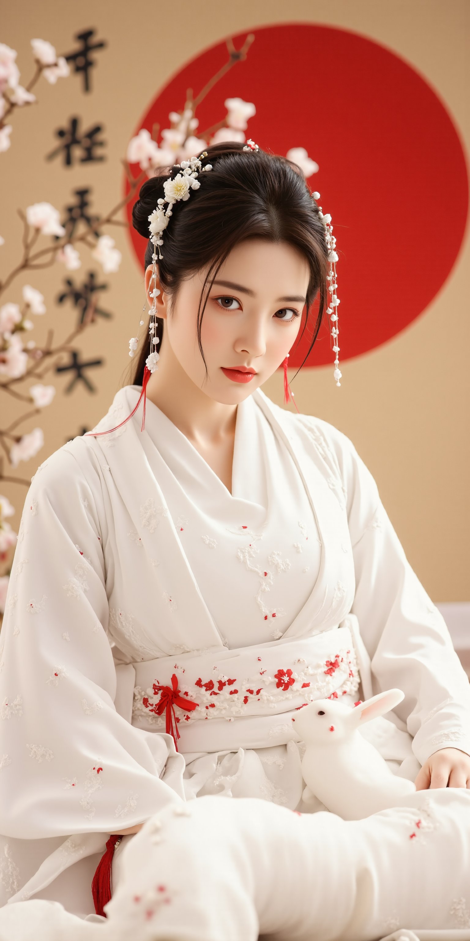 A young woman in a beautiful white kimono sits on a soft, patterned fabric. She is adorned with delicate floral hair ornaments and a red tassel hangs from her waist. Her expression is serene and elegant, her gaze directed towards the viewer. A white rabbit sits beside her, adding a touch of innocence and charm to the scene. The background features a large red circle and a traditional Chinese character, creating a sense of cultural richness and mystique. [Photorealistic portrait, inspired by the works of Annie Leibovitz and Steve McCurry], [Soft, natural light, focus on the woman's face and her elegant pose, blurred background with a sense of depth, textured surfaces, a sense of cultural heritage and beauty], Hanfu, KOLNB, Ahri,Eroflo,PTAIAsianBeauty