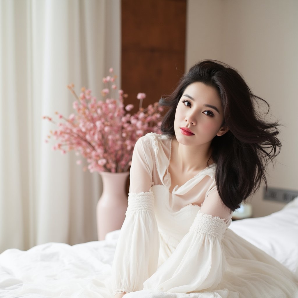 1 woman in white dress, long floating hair, pink and black hair, sit on the bed, bedroom with white wall and pink flower vase background, wooden interrior,PTAIAsianBeauty
Photography, gradient color, lowkey, cinestill 800T, 35mm