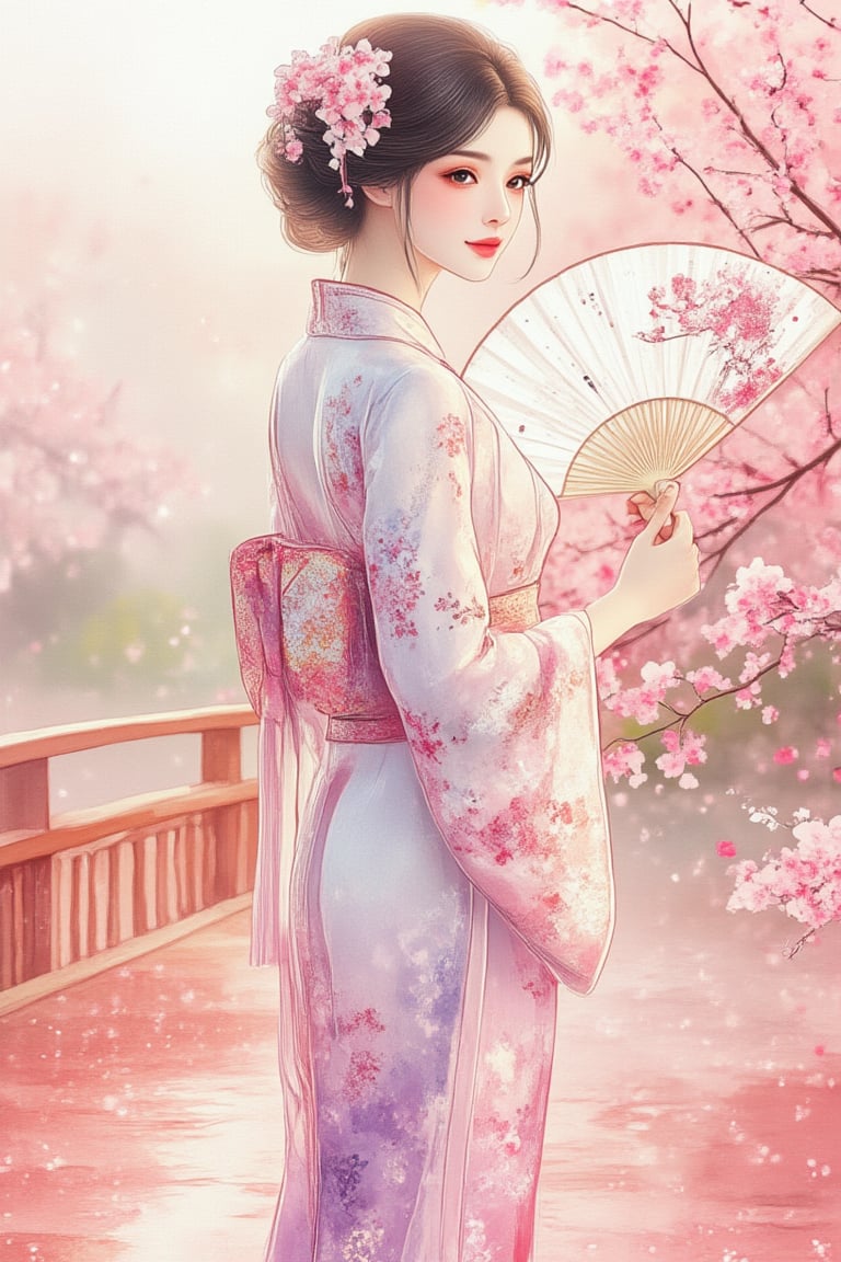 Create a virtual model of an elegant young woman standing in a serene Japanese garden during cherry blossom season. She has silky, jet-black hair styled in a traditional updo adorned with delicate pink sakura flowers. Her almond-shaped eyes are deep brown, exuding a sense of calm and wisdom. The woman is wearing a beautifully detailed kimono with intricate floral patterns in shades of pastel pink and lavender, tied with an ornate obi. She stands barefoot on a wooden bridge over a koi pond, her pose graceful and poised, as she gently holds an open paper fan decorated with watercolor art.

The scene is bathed in the soft light of the morning sun filtering through the blossoms, casting gentle shadows on her face and surroundings. Render this image in ultra high resolution (16K) to capture every detail, from the texture of the kimono fabric to the reflective surface of the water below.,PTAIHanfu,Watercolor