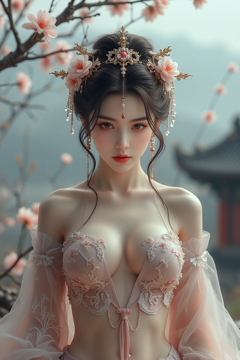 Woman, Eroflo, sexy, blossom, particles floating, tree branch, gray sky, gloomy, chinese temple