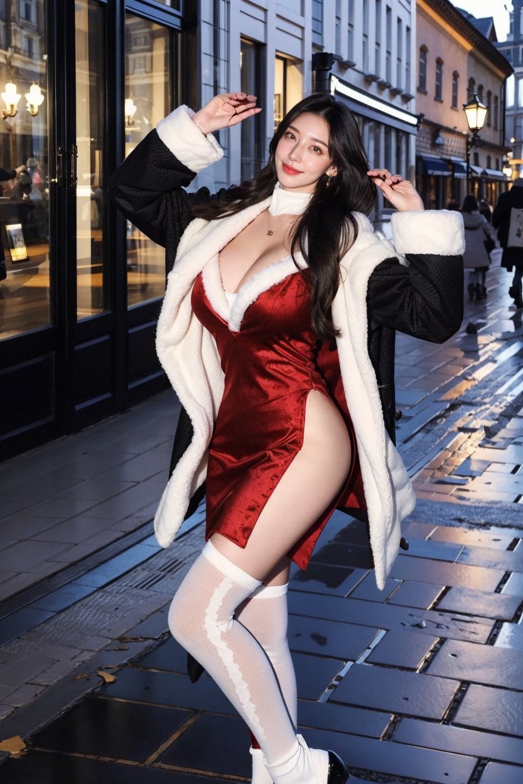 masterpiece, best quality, absurdres, 8K, super fine, best_lighting, (Charming European cobblestone streets in a historic town:1.4), (wonderland:1.4), fantasy_world, princess, (standing), female_solo, young woman, beautiful woman,
BREAK
elegant_prostitute, (long wavy hair, seductive_smile:1.2), huge_breasts
BREAK
(haute couture, ermine fur outfits, opulent fur:1.5), (red luxury fashion:1.4),  (red_fluffy_cuffs), (fluffy_cuffs:1.2), (zettai_ryoiki, knee high socks:1.2), (long earings:1.1), 1girl, eungirl, flash