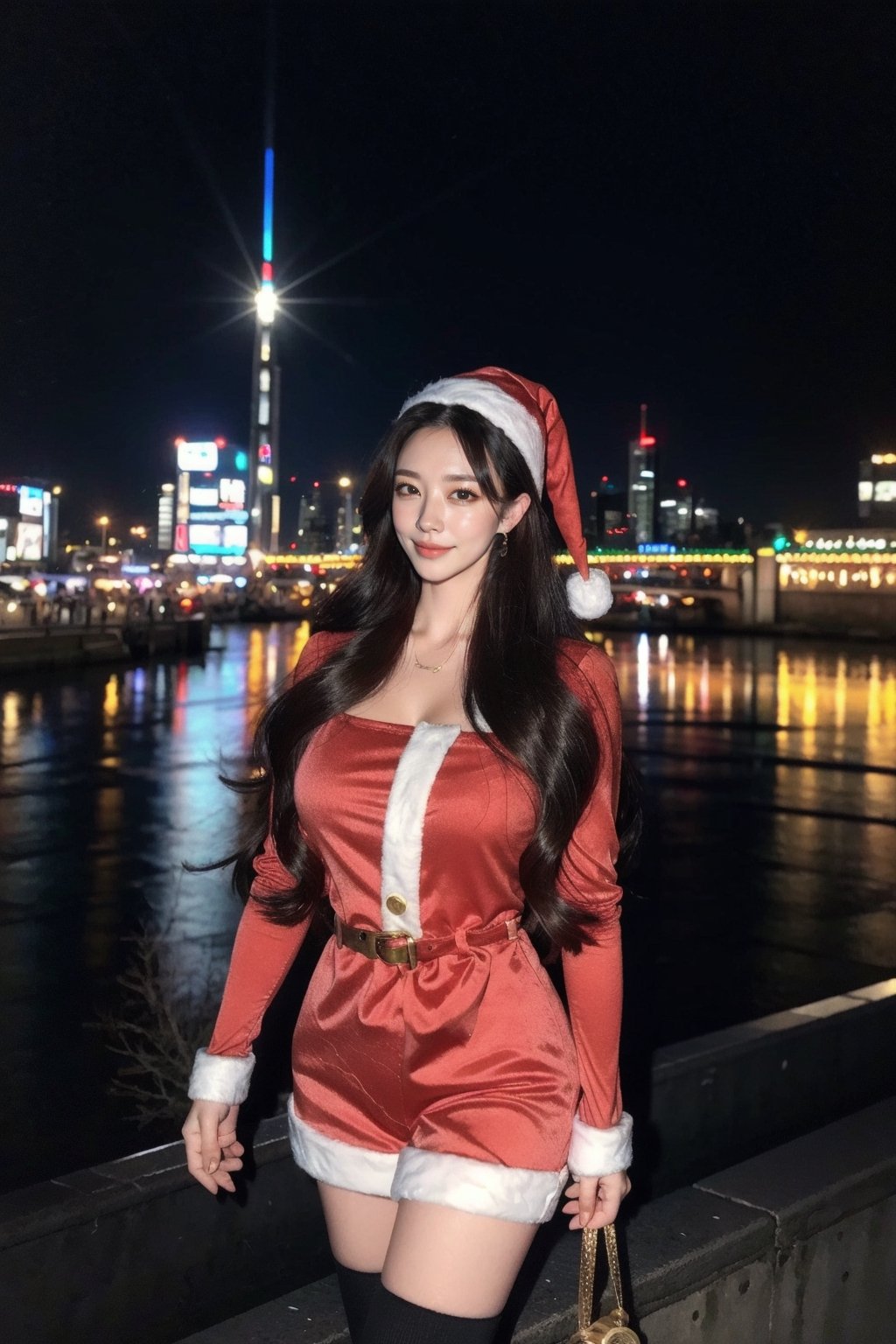 masterpiece, best quality, absurdres, 8K, super fine, best_lighting, (Vibrant city skyline reflected in a peaceful waterfront, night:1.4), (wonderland:1.5), (the medieval period:1.3), fantasy_world, princess, (cowboy_shot:1.7), (standing:1.3), female_solo, 28 years old woman, (mature:1.2), beautiful woman,
BREAK
elegant_prostitute, (wavy long hair, seductive_smile:1.4), huge_breasts
BREAK
(christmas santa costume, haute couture:1.5), (luxury fashion:1.2), (fur-trimmed, fluffy_cuffs:1.5), (zettai_ryoiki, knee high socks:1.2), (long earings:1.1), asian girl, 1girl, eungirl,realistic,flash