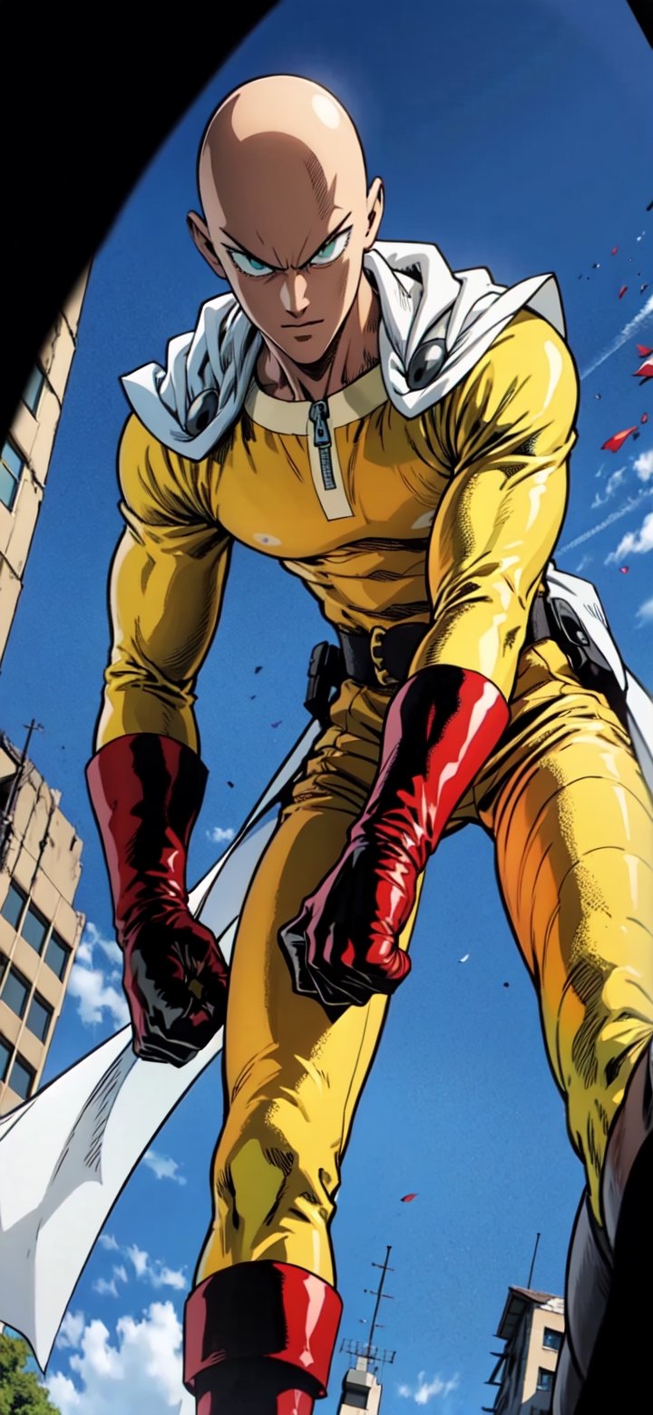 SAITAMA, yellow clothes, white cape, red boots and gloves, bald,


(masterpiece, best quality), Athletically built young man with a penetrating gaze, framing intense, blue eyes, View from the front, dynamic angle, standing, serious, green suit, green tie, perfect hand with proper finger, BetterHands:1.2, Better_Hands 