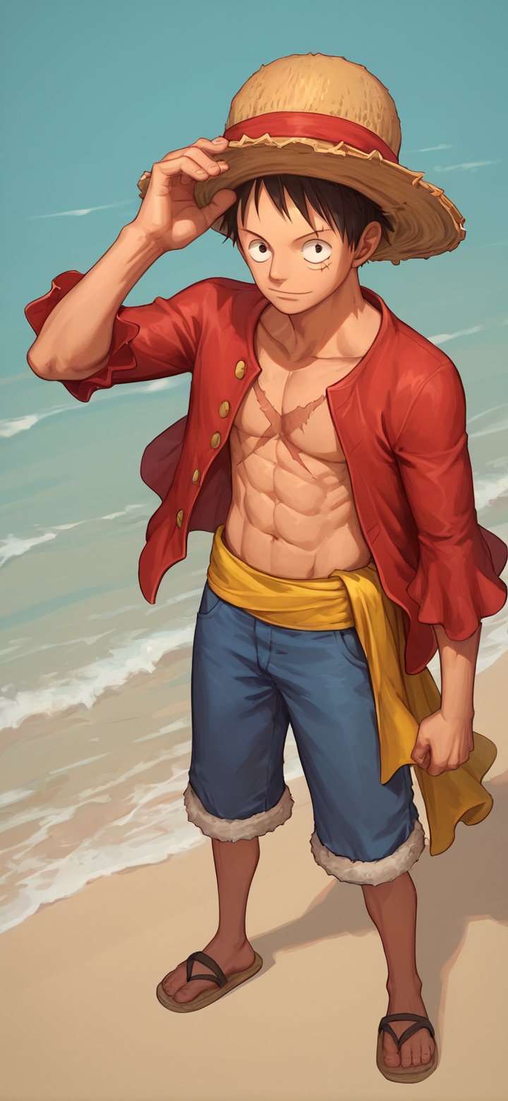 score_9_up, score_8_up, score_7_up, score_6_up,  High quality, 1 boy, luffy, straw hat, abs, scar on chest, red shirt, open clothes, open shirt, short hair, sandals , sea background, full body, (masterpiece, best quality), young man, View from the front, dynamic angle, standing, perfect hand with proper finger, BetterHands