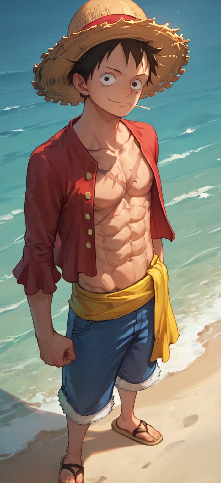 score_9_up, score_8_up, score_7_up, score_6_up,  High quality, 1 boy, luffy, straw hat, abs, scar on chest, red shirt, open clothes, open shirt, short hair, sandals , sea background, full body, (masterpiece, best quality), young man, View from the front, dynamic angle, standing, perfect hand with proper finger, BetterHands