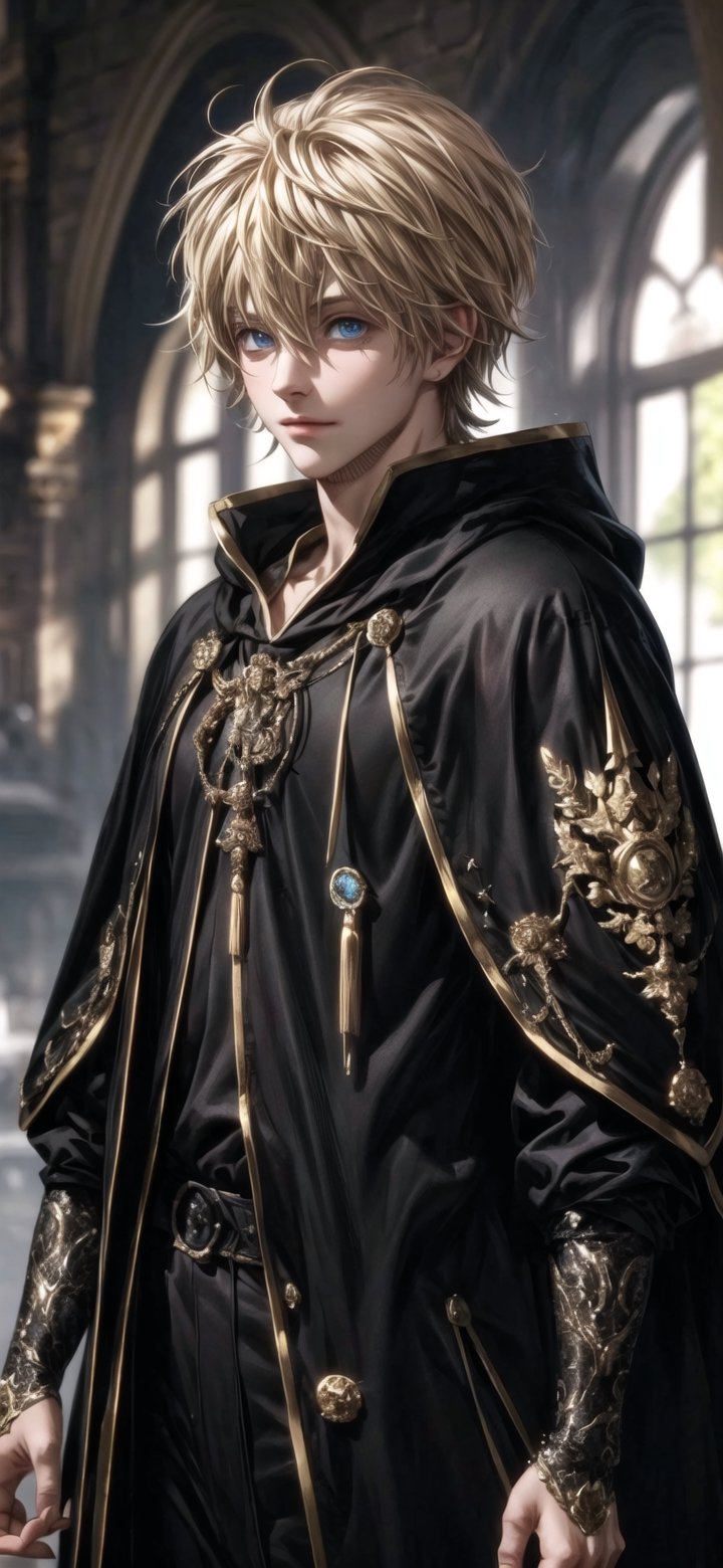 1boy, luck_voltia, blue eyes, blonde hair, upper half focus, standing up, black bull mark, black robe, (masterpiece, best quality, highres:1.3), portrait of a male wizard wearing a parka, black clothes