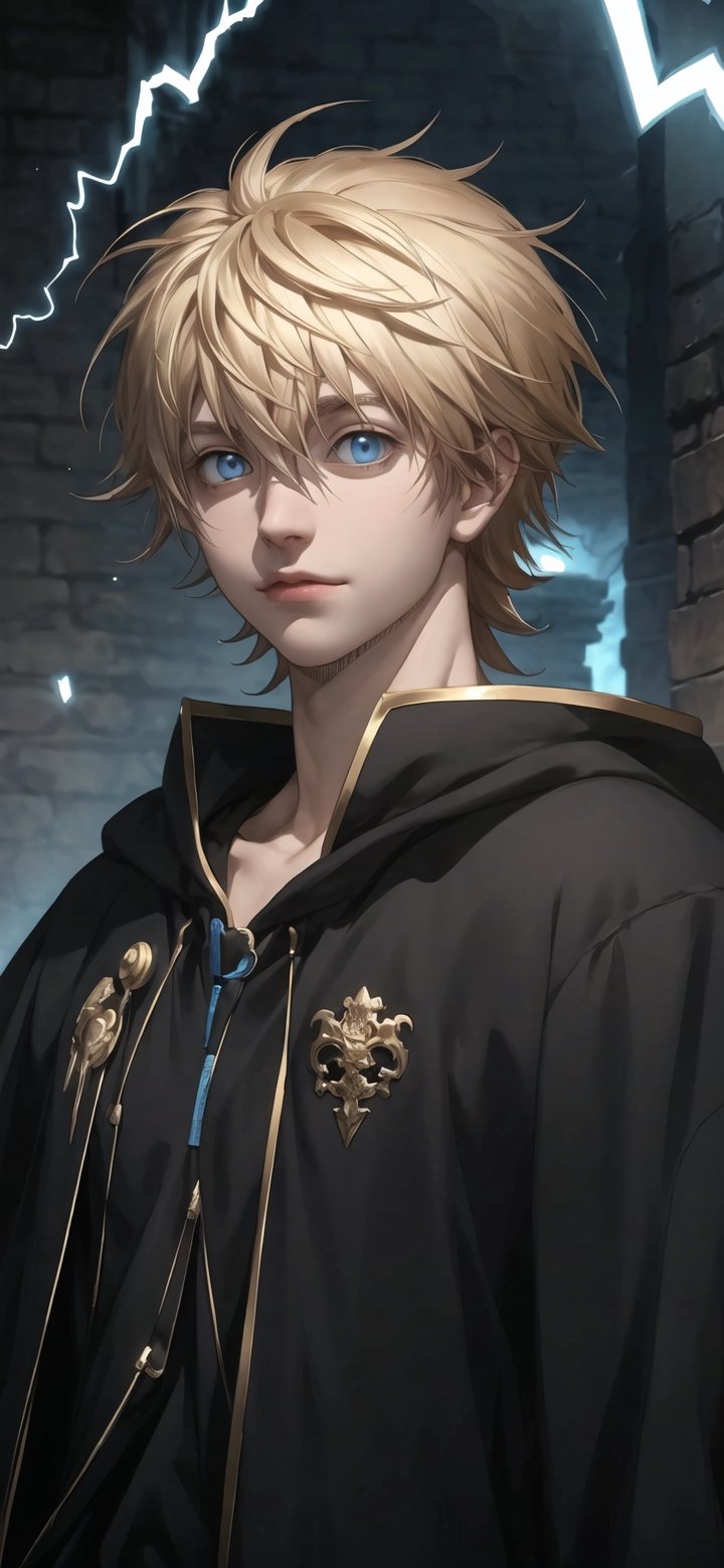 1boy, luck_voltia, blue eyes, blonde hair, upper half focus, standing up, black bull mark, black robe, (masterpiece, best quality, highres:1.3), portrait of a Lightning male wizard wearing a parka, black clothe