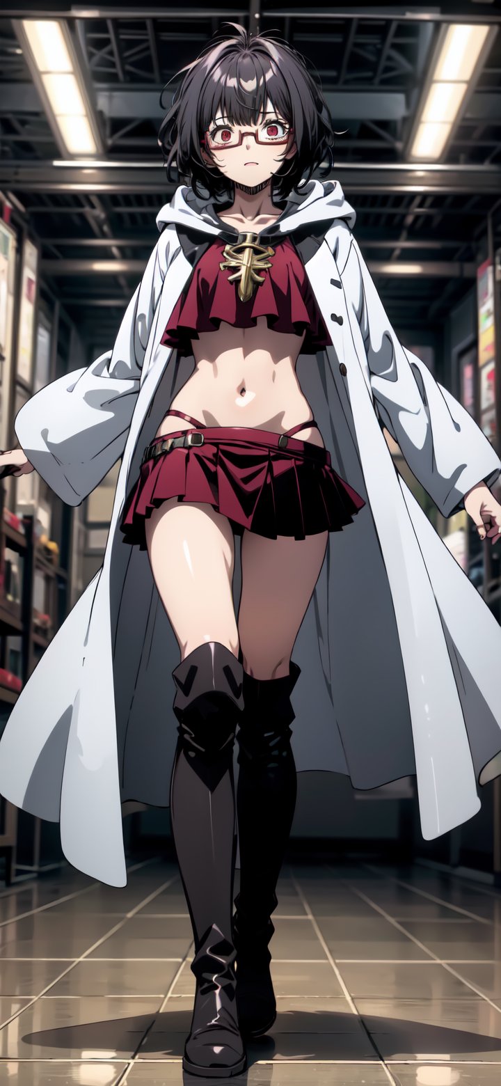 (masterpiece, best quality, highres), midjourney, Sally, black hair, red eyes, under-rim eyewear, semi-rimless eyewear, short hair,
messy hair, 1girl, boots, labcoat, cloak, crop top, miniskirt