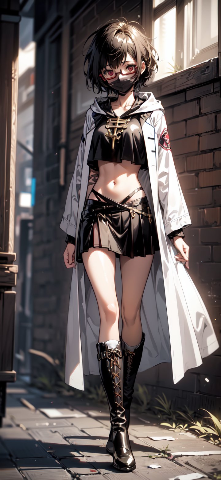 (masterpiece, best quality, highres), midjourney, Sally, black hair, red eyes, under-rim eyewear, semi-rimless eyewear, short hair,
messy hair, 1girl, boots, labcoat, cloak, crop top, miniskirt,