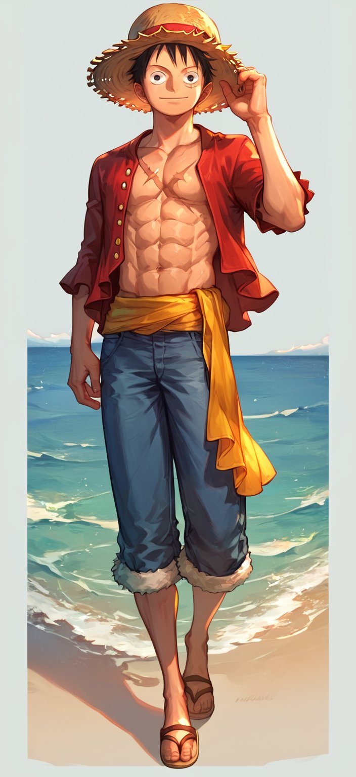 score_9_up, score_8_up, score_7_up, score_6_up,  High quality, 1 boy, luffy, straw hat, abs, scar on chest, red shirt, open clothes, open shirt, short hair, sandals , sea background, full body, (masterpiece, best quality), young man, View from the front, dynamic angle, standing, perfect hand with proper finger, BetterHands