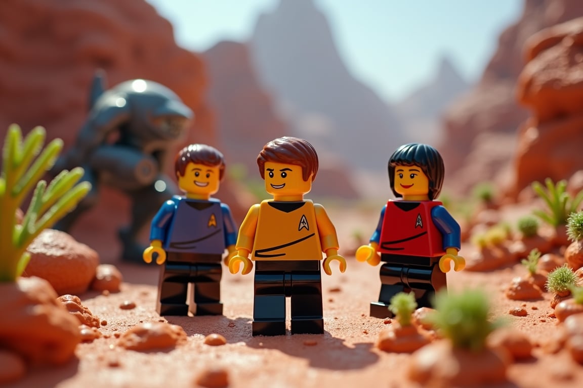 A highly detailed, high-resolution image capturing a scene from a Star Trek movie, reimagined in a Lego style. The photograph should possess exceptional clarity with an impressive depth of field to emphasize the intricate details of the Lego characters and environment. The colors should be vivid and vibrant, creating a visually striking composition. In the scene, the iconic Star Trek characters are depicted on a futuristic alien planet, immersed in the midst of executing a critical mission. The landscape of the planet is filled with imaginative and advanced features, showcasing alien flora, unusual geological formations, and futuristic technology. The Lego characters should be dressed in recognizable Starfleet uniforms, complete with their distinct rank insignias, engaging in activities that reflect their roles on the mission. The scene should convey a sense of adventure and exploration, capturing the essence of the Star Trek universe while utilizing the playful and creative aspects of Lego construction.