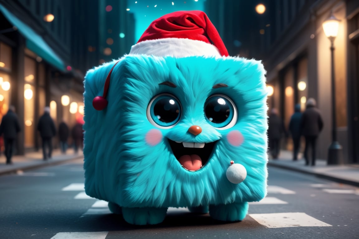 Amazing illustration of happy fluffy furry cyan cube toy with eyes wearing santa hat and celebrating new year on the New Y...